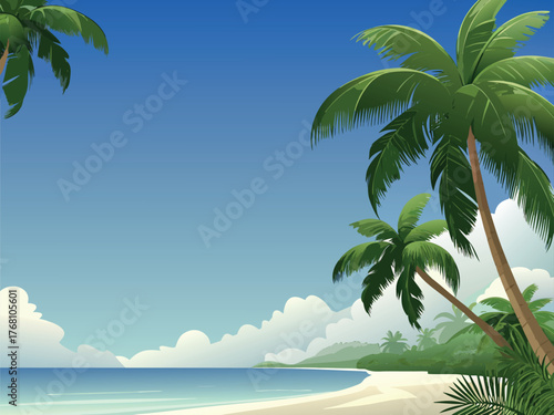 A vibrant tropical beach with palm trees, warm sand, and a turquoise ocean evokes the feeling of a perfect summer paradise vacation