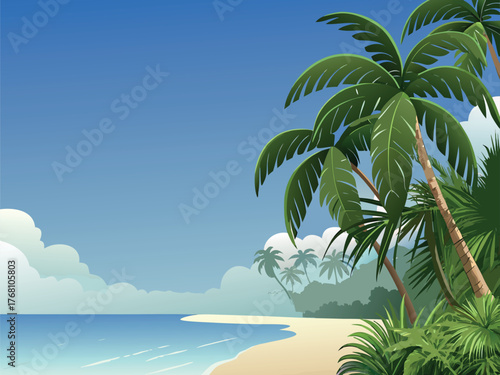 A vibrant tropical beach with a solitary palm tree offers a view of paradise, sand, and ocean water under a summer sky