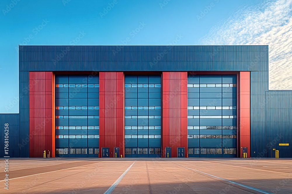 Fototapeta premium Modern industrial warehouse building with large red and blue sectional doors under clear sky