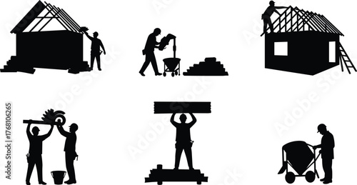 Construction workers building house structures, mixing cement, lifting materials, and roofing in residential construction and home building scenes