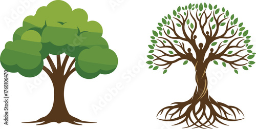 Abstract tree illustration with green foliage and artistic life tree design showing roots and human shapes symbolizing growth and unity