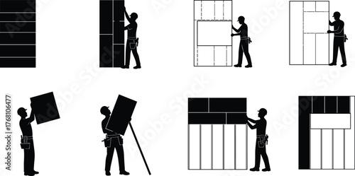 Construction workers installing drywall panels, wall partition installation process, interior renovation labor silhouettes, home improvement and building construction concept