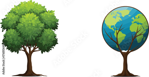 Creative green tree and earth globe tree illustration symbolizing environmental protection, eco concept, nature conservation, and sustainable planet design