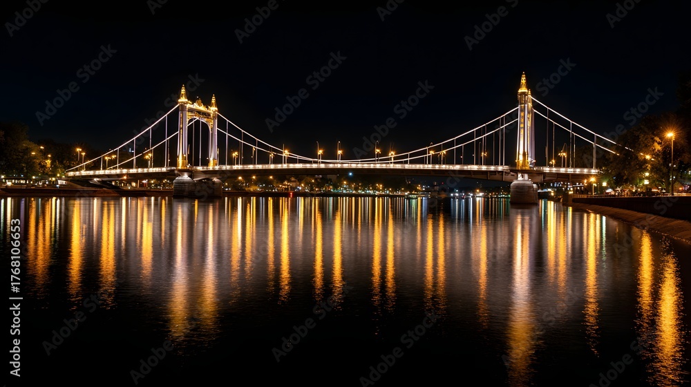 Obraz premium Illuminated suspension bridge spans dark water reflecting bright yellow lights at night