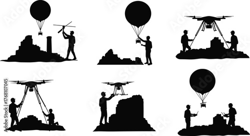 Silhouette of engineers using drones and balloons for archaeological site survey, aerial mapping, ancient ruins exploration, and historical preservation research