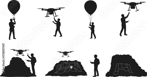 Drone operator silhouette with remote control and balloon, aerial photography concept, mapping and surveying technology, modern innovation illustration vector design