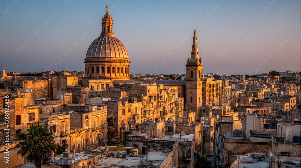 Fototapeta premium Historic European city skyline features prominent dome and tall spire bathed in warm sunset light