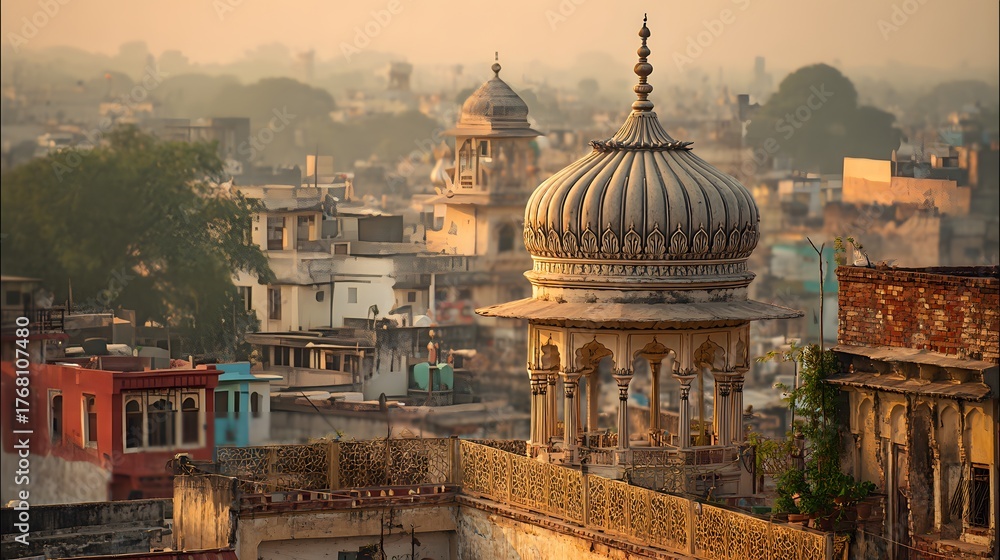 Obraz premium Historic architectural dome structure rises above densely packed urban rooftops bathed in warm sunlight.