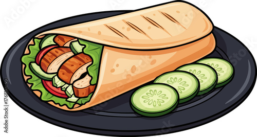 Kebab wrap or shawarma with chicken and lettuce, flat vector illustration isolated on white.