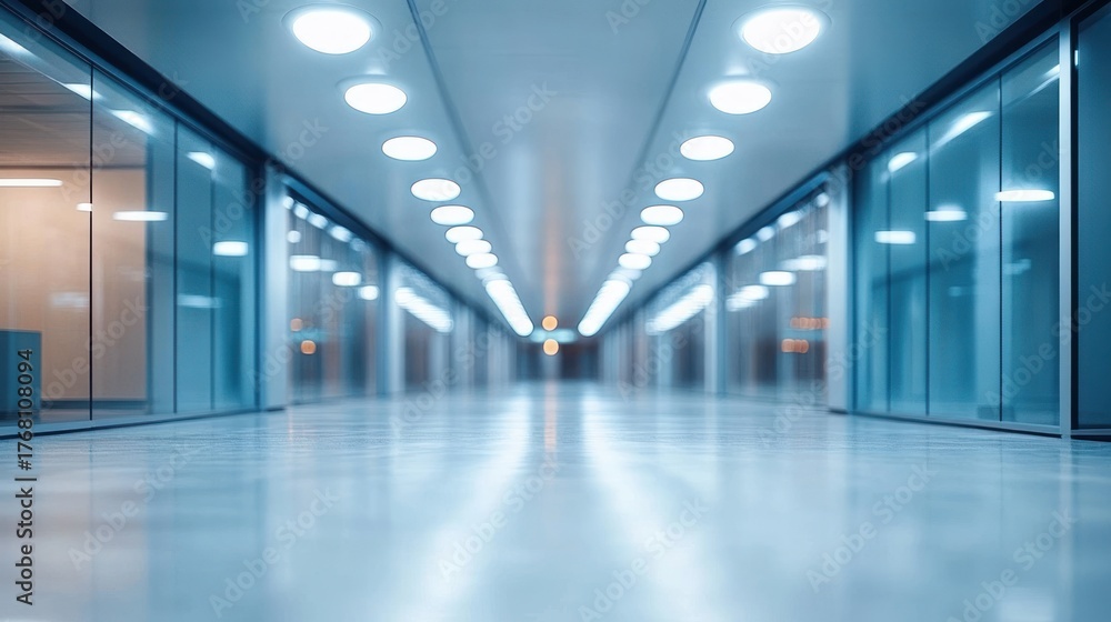 Fototapeta premium Empty modern corridor with glass walls on both sides and ceiling lights creating a symmetrical and futuristic atmosphere