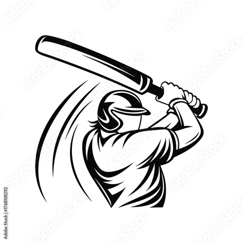 Baseball or cricket player batsman swinging bat black and white isolated vector illustration