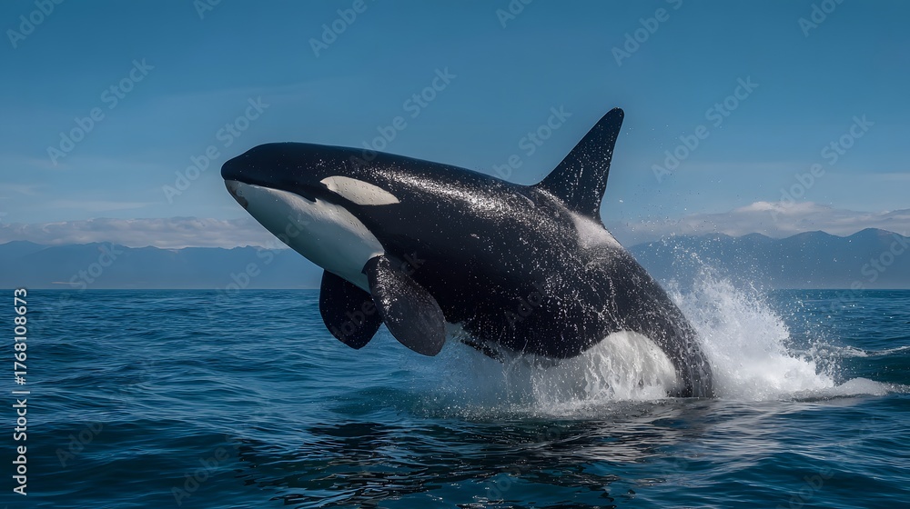 Fototapeta premium Large marine mammal breaches water surface against a backdrop of blue sky and distant landforms