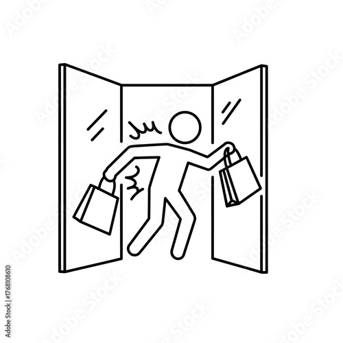 Line art icon of a person rushing out of a fitting room with shopping bags.