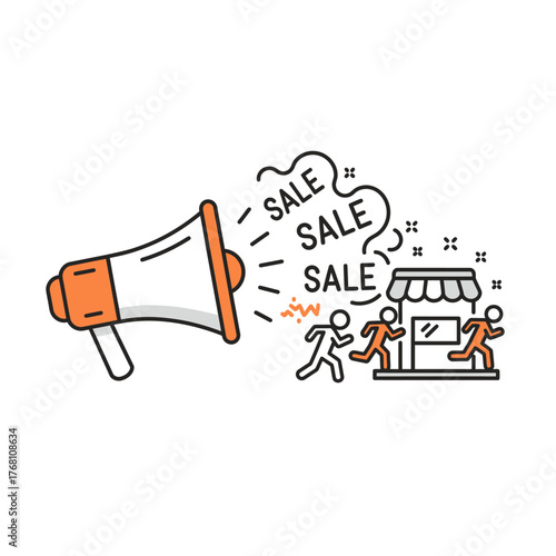 Megaphone announces sale attracting customers to the store for discounts and deals.
