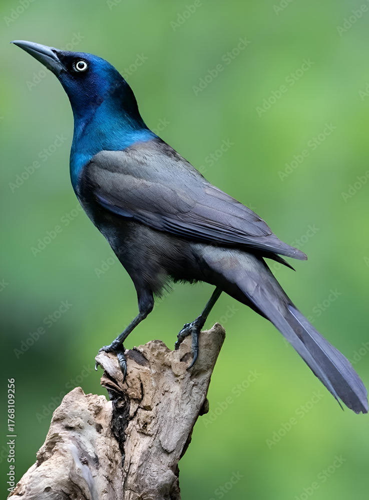 Obraz premium A Common Grackle Perched on a Tree Stump