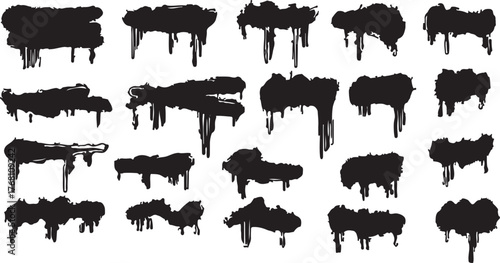 Vector collection of black spray paint drips and backgrounds.