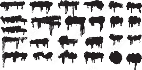 Vector collection of black spray paint drips and backgrounds.