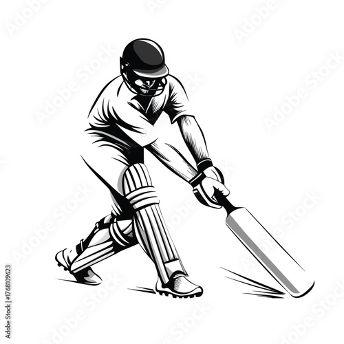 Cricket Batsman Playing Ground Shot Stance Vector Illustration Black and White Grayscale Art Style
