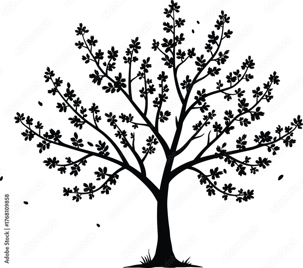 Fototapeta premium Beautiful spring tree silhouette with falling leaves, black vector illustration, natural floral design, elegant decorative nature art background