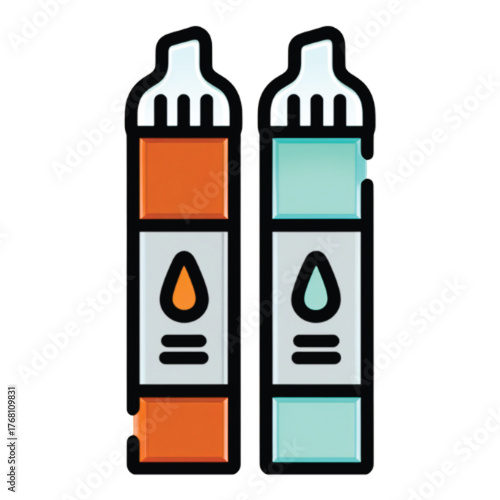 Two vape pens, one orange and one blue, with a drop symbol on each.