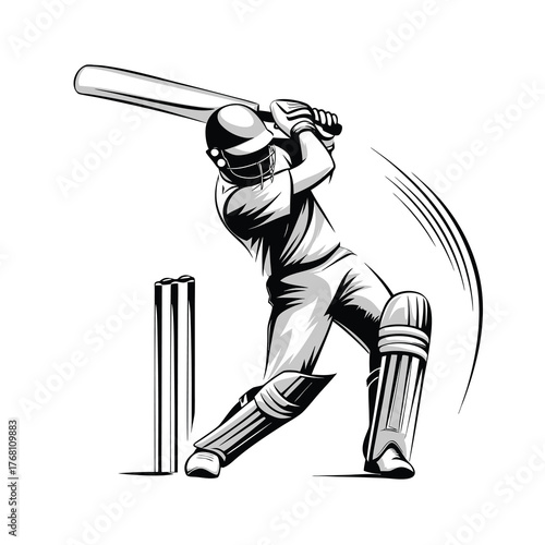 Dynamic cricket batsman vector illustration swing bat stumps wickets monochrome style isolated white background