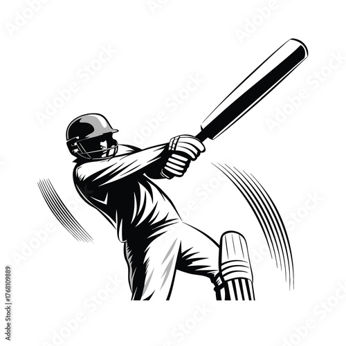 Powerful cricket batsman vector illustration attacking shot bat swing monochrome isolated white background