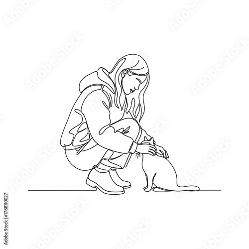 Woman petting stray cat on street in line art symbolizing kindness and connection