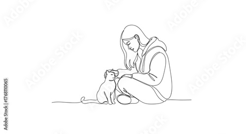 Woman petting stray cat on street in line art symbolizing empathy and care
