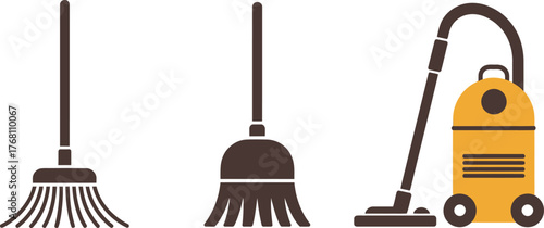 Cleaning Tools Broom Mop and Vacuum Cleaner Illustration for Hygiene and Home Cleaning Needs
