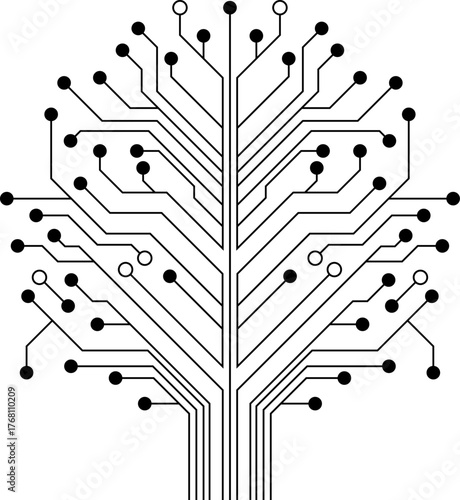 A monochrome graphic illustration of a tree made from electronic circuit board traces and nodes.