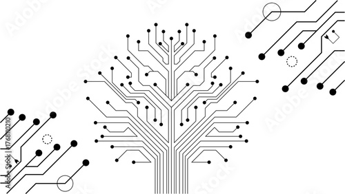 Abstract illustration of a tree made from electronic circuit board traces on a white background.