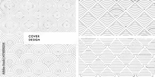Four abstract geometric patterns in white and gray for cover design and backgrounds