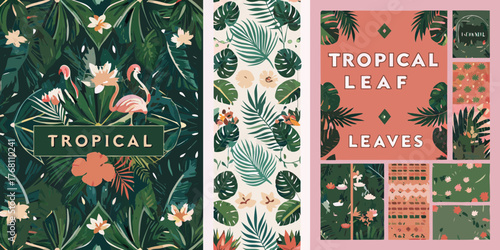 Vibrant tropical jungle foliage and flamingo patterns with exotic flowers and leaves