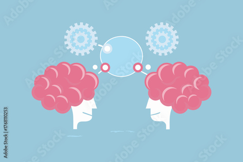 Conceptual illustration of two brains connecting and sharing information through gears and a central sphere