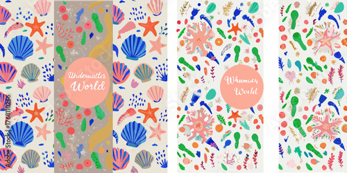 Whimsical underwater world with colorful seashells starfish and corals pattern