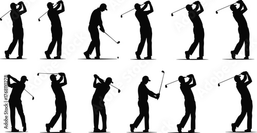 Golf player silhouette set showing swing, drive, and putting positions, vector illustration of golfer movement, sports and fitness design