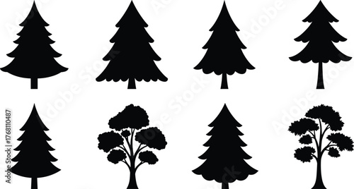 Silhouette collection of pine and deciduous trees, black forest tree shapes, nature vector design, evergreen and summer woodland illustration