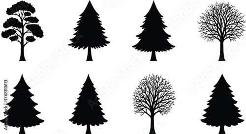 Collection of tree silhouettes, pine and deciduous forest vector illustration, natural black tree shapes design for landscape and decoration artwork