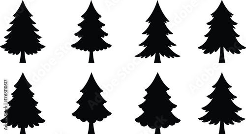 Collection of black pine tree silhouettes, evergreen conifer forest shapes vector illustration, natural Christmas trees design for decoration and artwork