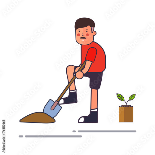 Gardening concept A person planting a sapling and digging the soil with a shovel for growth