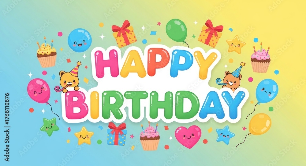 Fototapeta premium Colorful animated birthday card with text, gifts, balloons, confetti, and cupcake illustrations