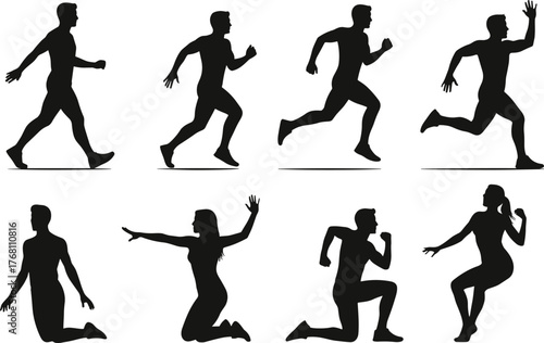 Silhouette people running walking exercising in various fitness poses, workout training collection, jogging, stretching and healthy lifestyle concept illustration