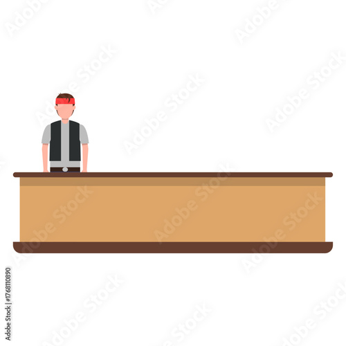 Man in vest and bandana standing behind a bar counter in an illustration