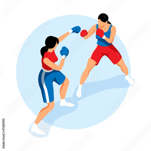 Two women in boxing gloves and sportswear sparring in a boxing ring with dynamic poses