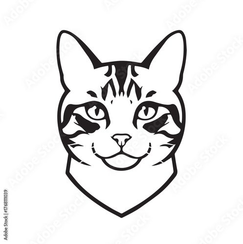 The image is a black and white line art illustration of a cat's head (or face). The drawing is simple, clean, and stylized. It features bold outlines and solid black shapes to define the cat's feature