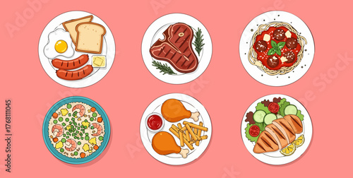 Vector illustration set of six cooked meals on plates, overhead view. Cartoon food icons for menu.