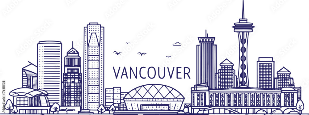 Obraz premium Vancouver Downtown Skyline Art with Canada Place and Stanley Park | Artistic Cityscape Line Drawing for Travel and Tourism Advertising