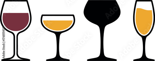 Elegant Wine Glasses Illustration with Different Liquids and Styles for Bar or Restaurant Promotion