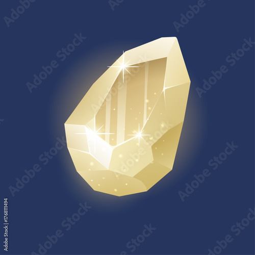 Polished golden quartz crystal gemstone shimmering with light against dark blue background