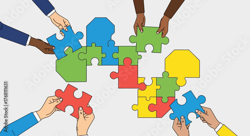 Diverse hands connecting colorful jigsaw puzzle pieces, representing teamwork, collaboration, and problem-solving.